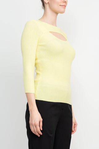 Joan Vass NY Crew Neck 3/4 Sleeve Ribbed Pullover Cutout Chest Detail Knit Top_light_yellow_Side View