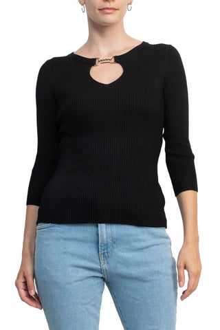 Carmen by Carmen Marc Valvo Boat Neck Cutout Front 3/4 Sleeve Ribbed Pullover Gold and Crystal Hardware Trim Solid Knit Top - Black - Front