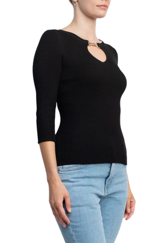 Carmen by Carmen Marc Valvo Boat Neck Cutout Front 3/4 Sleeve Ribbed Pullover Gold and Crystal Hardware Trim Solid Knit Top - Black - Side