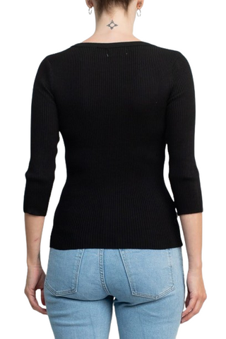 Carmen by Carmen Marc Valvo Boat Neck Cutout Front 3/4 Sleeve Ribbed Pullover Gold and Crystal Hardware Trim Solid Knit Top - Black - Back