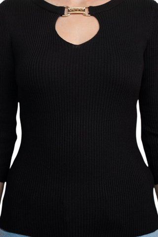 Carmen by Carmen Marc Valvo Boat Neck Cutout Front 3/4 Sleeve Ribbed Pullover Gold and Crystal Hardware Trim Solid Knit Top - Black - Detail