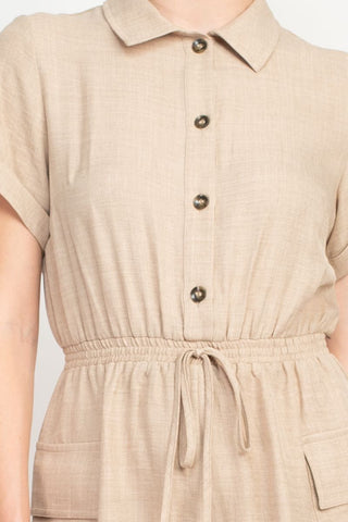 Emma & Michele Light Taupe Polyester Woven Romper_Close up View