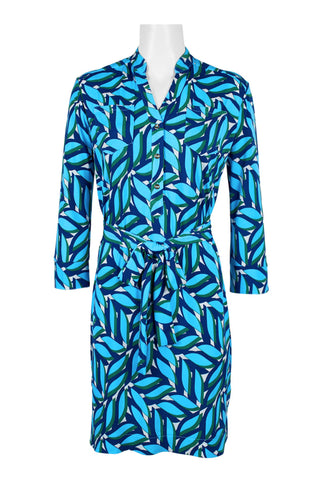 Donna Morgan High Neck Button Down Tie Waist Multi Print Jersey Dress