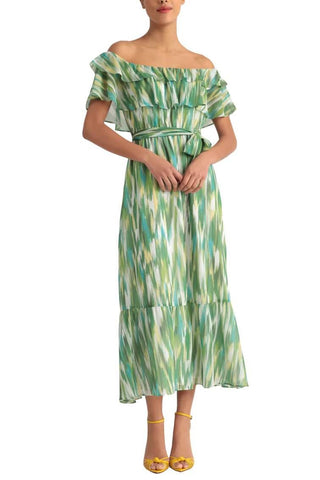 Donna Morgan Scoop Neck Short Sleeve Tiered Empire Tie Elastic Waist Multi Print Chiffon Dress