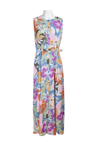 Donna Morgan Crew Neck Button Down Belted Pockets Floral Print Slit Side Satin Dress - WHITE ORCHID - Front 