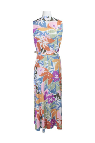 Donna Morgan Crew Neck Button Down Belted Pockets Floral Print Slit Side Satin Dress