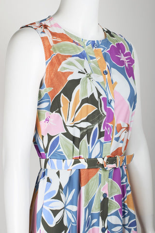Donna Morgan Crew Neck Button Down Belted Pockets Floral Print Slit Side Satin Dress