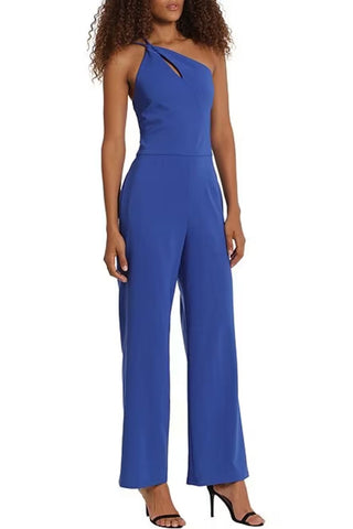 Donna Morgan Stretch One Shoulder with Keyhole Neck Jumpsuit - Blue - Side