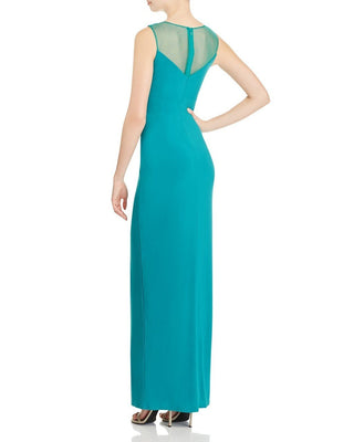 Decode Scoop Neck Sleeveless Zipper Back Illusion Pleated Jersey Mesh Gown