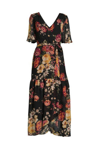 Donna Ricco Floral Flutter Sleeve Chiffon Maxi Dress - BLACK MULTI - Front full view