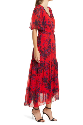 Donna Rico Floral Faux Wrap Flutter Sleeve Dress - Red Multi - Side
