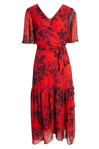 Donna Rico Floral Faux Wrap Flutter Sleeve Dress - Red Multi - Full view