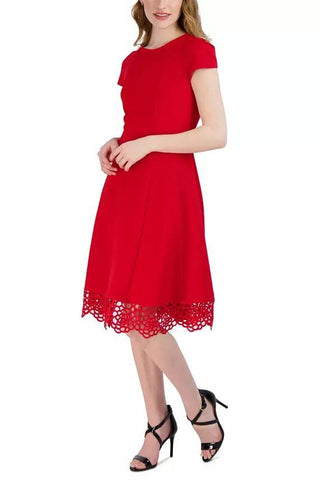 Donna Ricco Round-Neck Sleeveless Fit & Flare Scuba Crepe Dress - Red - Side