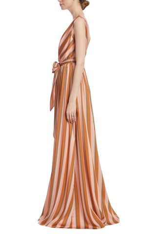 Badgley Mischka V-Neck Sleeveless Tie Waist Zipper Closure Vintage Striped Twill Gown_BLUSH MULTI_side