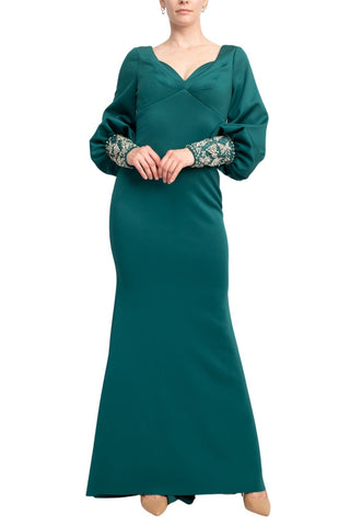 Badgley Mischka Curvy Scuba with Beaded Cuffs Gown - Dark Emerald - Front View