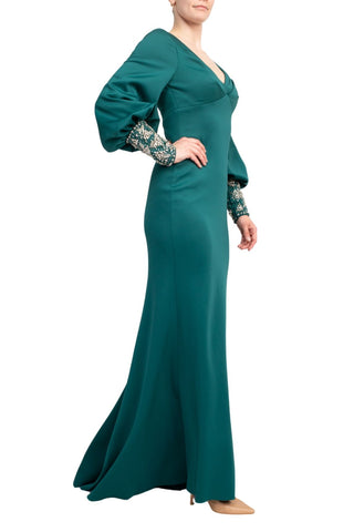 Badgley Mischka Curvy Scuba with Beaded Cuffs Gown - Dark Emerald - Side View