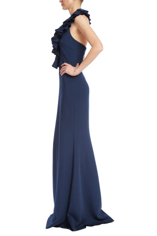 Badgley Mischka Cascading Ruffle Halter Gown - NAVY - Side