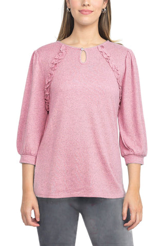 Tint + Shadow 3/4 Sleeve Crew Neck with Rhinestone Button Keyhole & Front Ruffle detail Knit Top