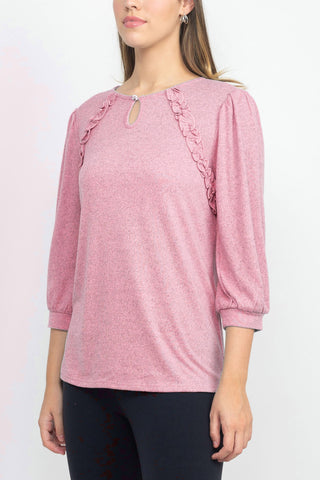 Tint + Shadow 3/4 Sleeve Crew Neck with Rhinestone Button Keyhole & Front Ruffle detail Knit Top