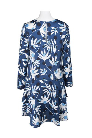 Maggy London Boat Neck Long Sleeve Tiered Keyhole Back Button Closure Floral Print Polyester Dress