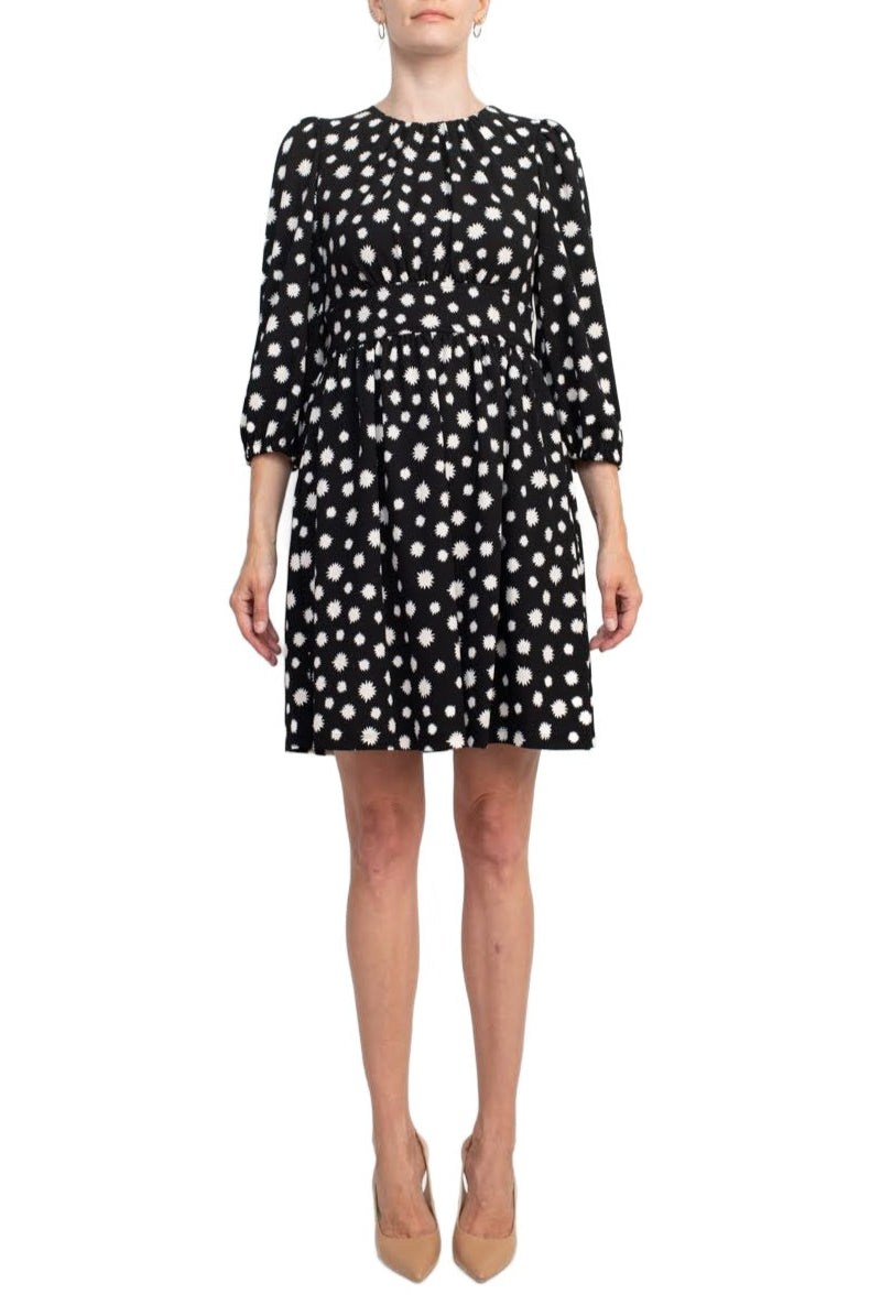Maggy London Crew Neck Pleated Banded Waist Elastic Cuffed 3/4 Sleeve Multi Print Zipper Back Fit & Flare Crepe Dress Maggy London Crew Neck Pleated Banded Waist Elastic Cuffed 3/4 Sleeve Multi Print Zipper Back Fit & Flare Crepe Dress