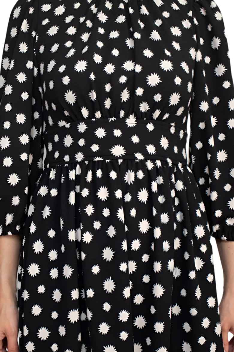Maggy London Crew Neck pleated Banded Waist Elastic Cuffed 3/4 Sleeve Multi print Zipper Back Fit & Flare Crepe Dress | Available at Curated Brands in Los Angeles Maggy London Crew Neck pleated Banded Waist Elastic Cuffed 3/4 Sleeve Multi print Zipper Back Fit & Flare Crepe Dress | Available at Curated Brands in Los Angeles