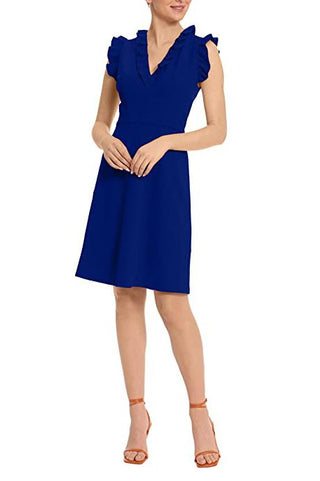 Maggy London V-Neck Ruffle Sleeves Back Zipper Short Crepe Dress_Blue_Front View