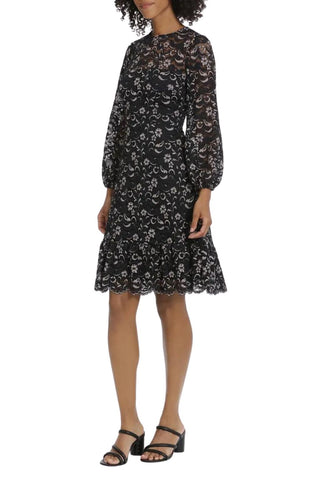 Maggy London Floral Lace Long Sleeve Fit & Flare Dress - Black Multi - Side