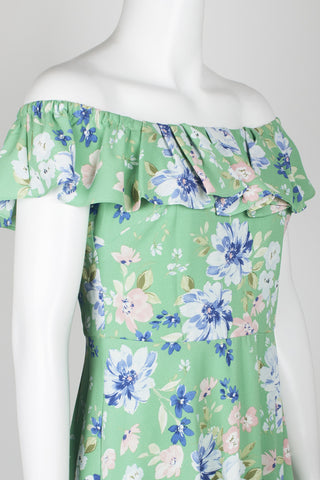BCBGENERATION Off Shoulder Ruffled Neck Sleeveless Zipper Back Floral Print Crepe Dress
