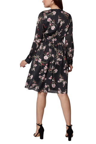 BCBG Generation V-Neck Long Sleeve Banded Waist Floral Print Fit & Flare Satin Dress