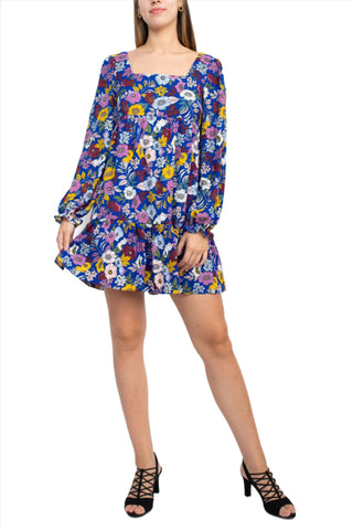BCBG Generation Square Neck Long Sleeve A-Line Zipper Back Floral Print Twill Dress