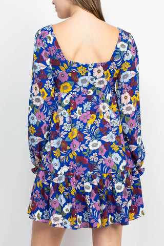 BCBG Generation Square Neck Long Sleeve A-Line Zipper Back Floral Print Twill Dress