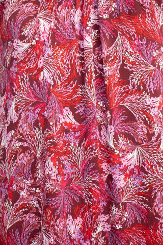 BCBG Generation Crew Neck Ruffle Detail Long Sleeve Cutout Back Multi Print Satin Dress - Red Multi - Fabric