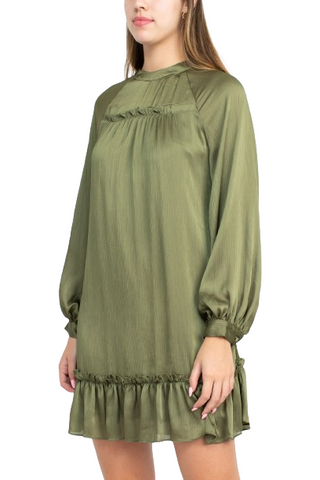 BCBG Generation Crew Neck Long Sleeve Ruffled Detail Cutout Back Solid Satin Dress - OLIVE - Side