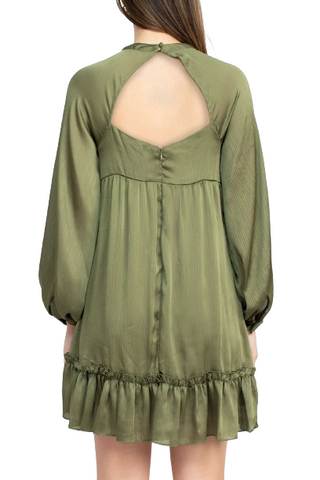 BCBG Generation Crew Neck Long Sleeve Ruffled Detail Cutout Back Solid Satin Dress - OLIVE - Back