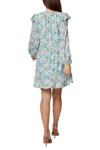 BCBG Generation Tie Neck Long Sleeve Ruffled Shoulder Multi Print Shift Crepe Dress - Geo Floral - Back