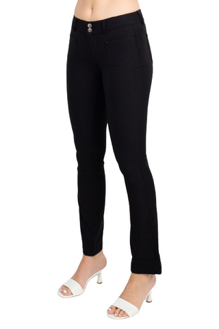 Sabrina Lauran NY Mid Waist Button Zipper Closure Belt Hoop Solid Stretch Denim Pants with Pockets - Black - Side