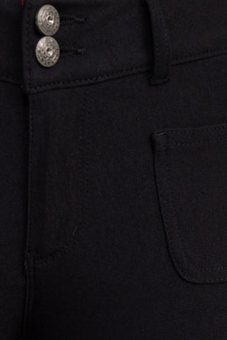 Sabrina Lauran NY Mid Waist Button Zipper Closure Belt Hoop Solid Stretch Denim Pants with Pockets - Black - Fabric