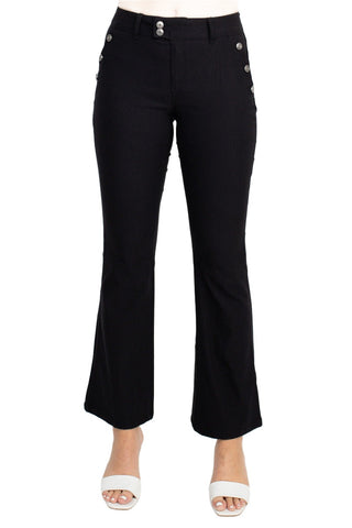 Sabrina Lauran NY Mid Waist Button Zipper Closure Belt Hoop Solid Stretch Denim Pants with Pockets - Black - Front