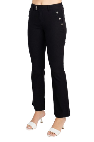 Sabrina Lauran NY Mid Waist Button Zipper Closure Belt Hoop Solid Stretch Denim Pants with Pockets - Black - Side
