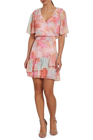 Laundry V-Neck Short Sleeve Elastic Waist Asymmetrical Tiered Hem Multi Print Chiffon Short Dress