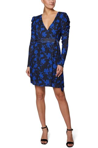 Laundry V-Neck Ruched Long Sleeve Belted Multi Print Knit Dress