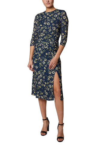 Laundry Crew Neck 3-4 Sleeve Gathered Side Zipper Back Slit Front Floral Print ITY Dress