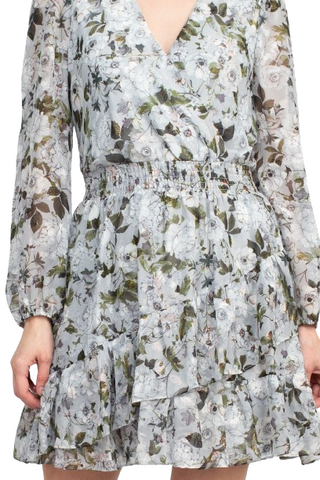 Laundry V-Neck Elastic Cuff Long Sleeve Elastic Waist Tiered Hem Floral Print Chiffon Dress - Full Bloom - Fabric