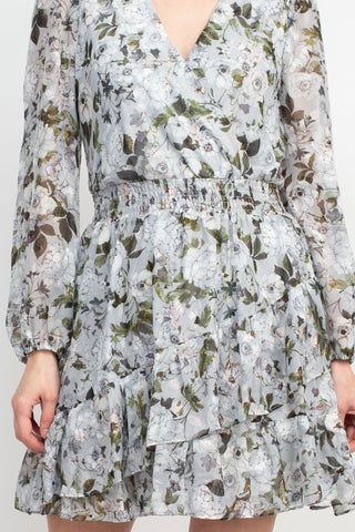 Laundry V-Neck Elastic Cuff Long Sleeve Elastic Waist Tiered Hem Floral Print Chiffon Dress