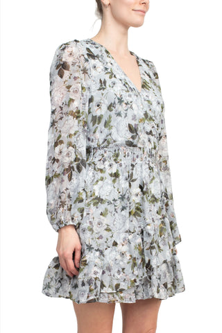Laundry V-Neck Elastic Cuff Long Sleeve Elastic Waist Tiered Hem Floral Print Chiffon Dress