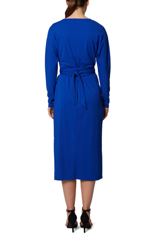 Laundry Crew Neck Long Sleeve Ruched Tie Waist Solid Lux Matte Jersey Dress