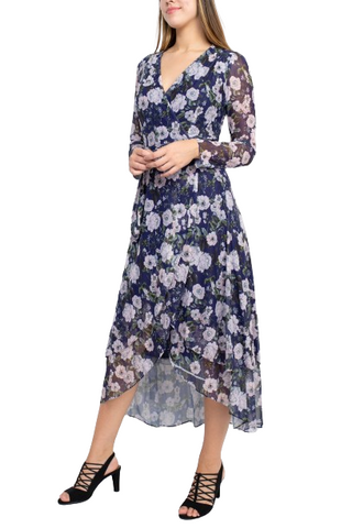 Laundry V-Neck Long Sleeve Tie Waist Floral Print Tiered Power Mesh Dress - Blue Multi - Side