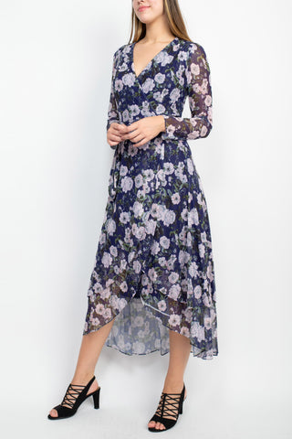 Laundry V-Neck Long Sleeve Tie Waist Floral Print Tiered Power Mesh Dress