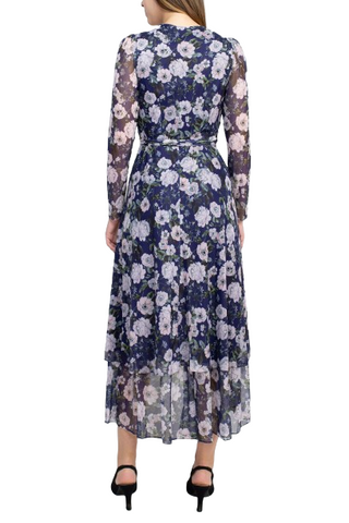 Laundry V-Neck Long Sleeve Tie Waist Floral Print Tiered Power Mesh Dress - Blue Multi - Back